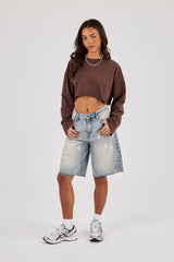 Cropped Washed Long Sleeve T-Shirt - Brown