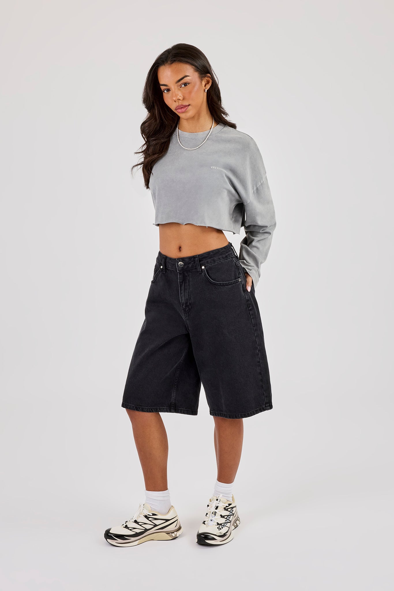 Cropped Washed Long Sleeve T-Shirt - Grey