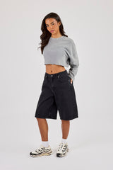 Cropped Washed Long Sleeve T-Shirt - Grey