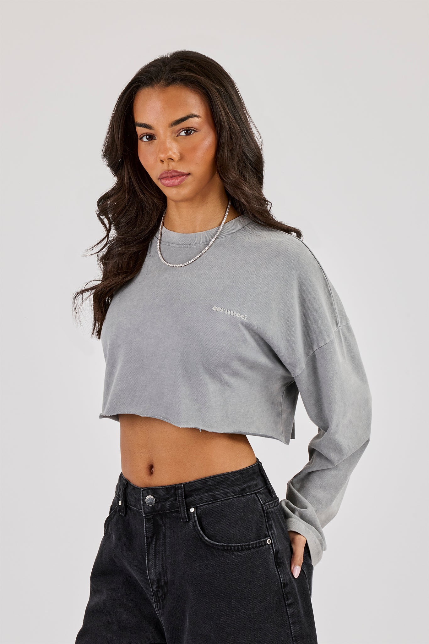 Cropped Washed Long Sleeve T-Shirt - Grey