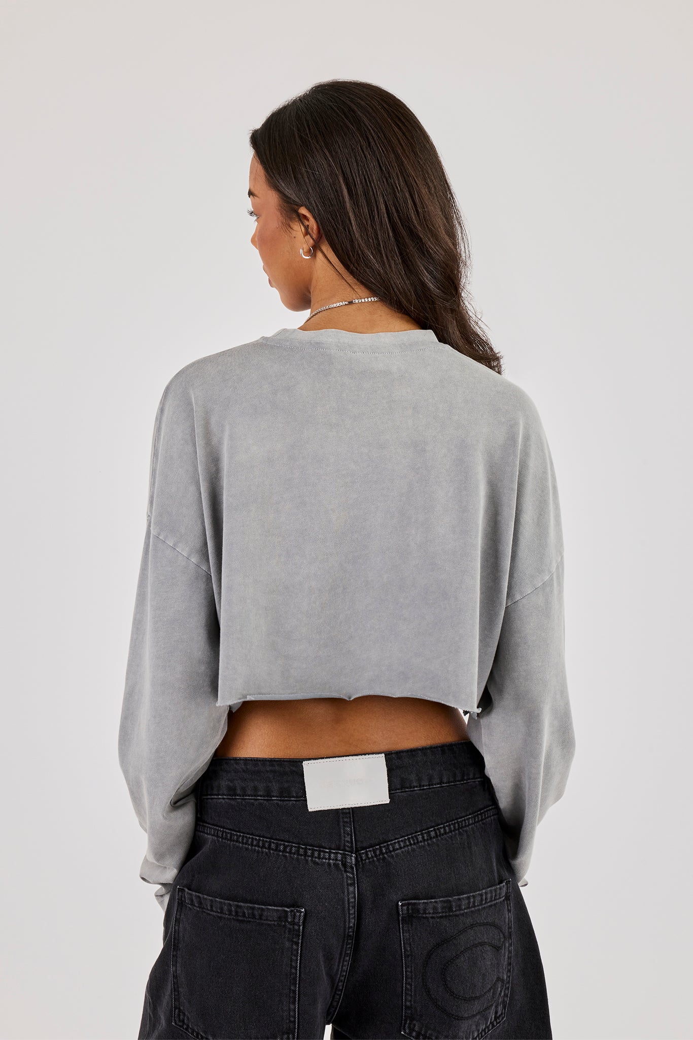 Cropped Washed Long Sleeve T-Shirt - Grey