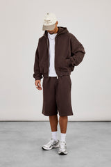 Kapuzenpullover mit Reißverschluss & bestickte Jersey-Bermudashorts – Kaffee