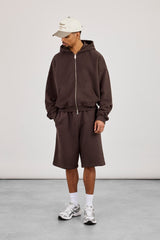 Kapuzenpullover mit Reißverschluss & bestickte Jersey-Bermudashorts – Kaffee