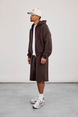 Kapuzenpullover mit Reißverschluss & bestickte Jersey-Bermudashorts – Kaffee