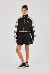 Kurze Trainingsjacke mit Stehkragen und Shorts mit Zierstreifen – Schwarz