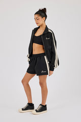 Kurze Trainingsjacke mit Stehkragen und Shorts mit Zierstreifen – Schwarz