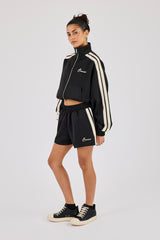 Kurze Trainingsjacke mit Stehkragen und Shorts mit Zierstreifen – Schwarz