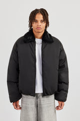 Oversize-Bomberjacke mit Pelzkragen - Schwarz