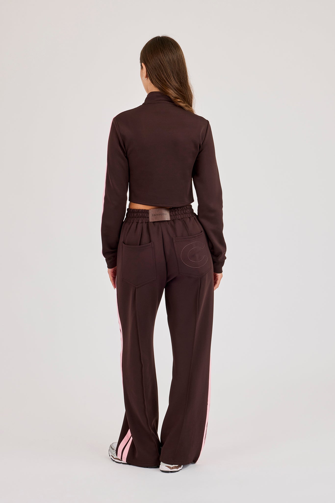 Fitted Pink Taping Track Top & Wide Leg Jogger - Chocolate