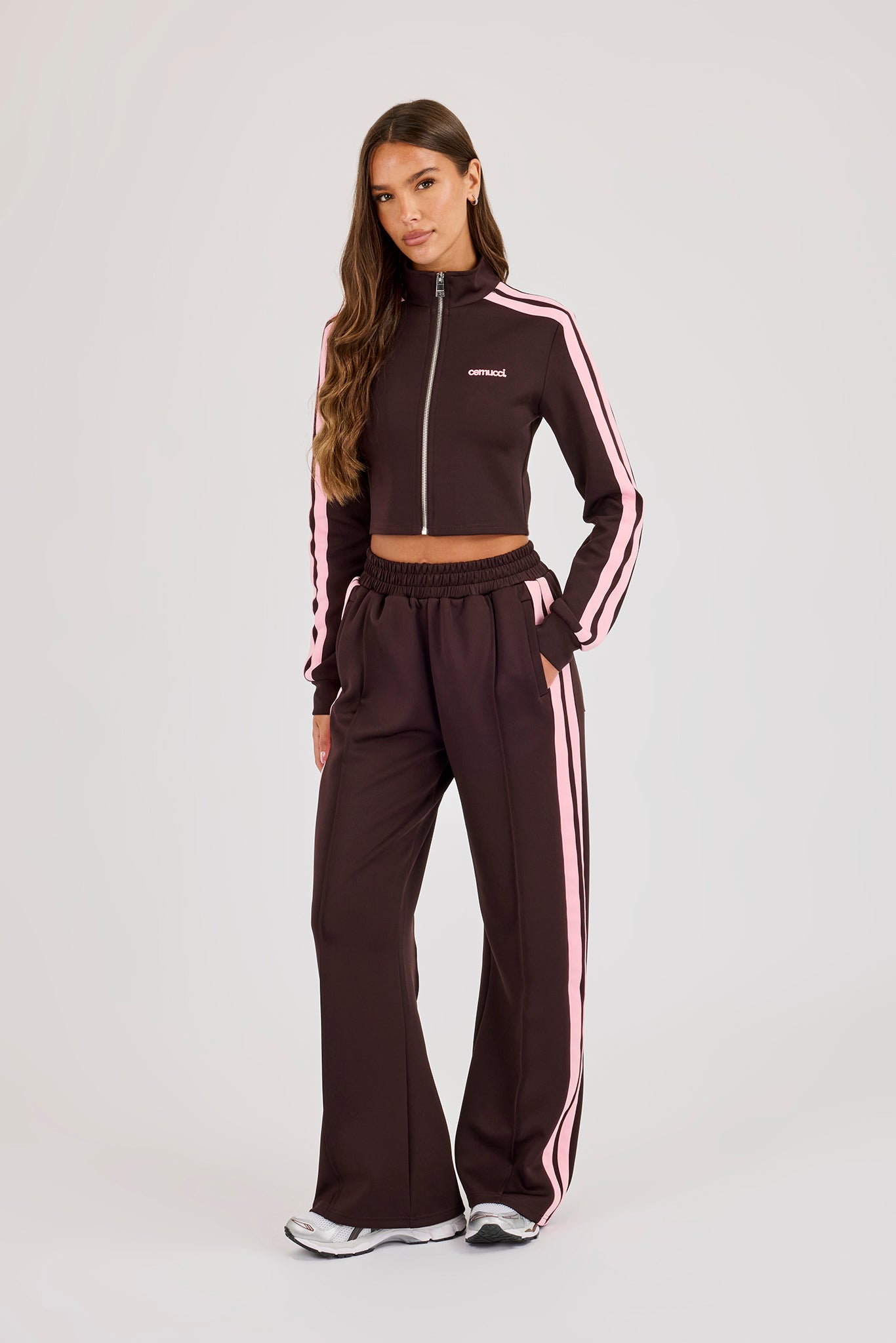Fitted Pink Taping Track Top & Wide Leg Jogger - Chocolate