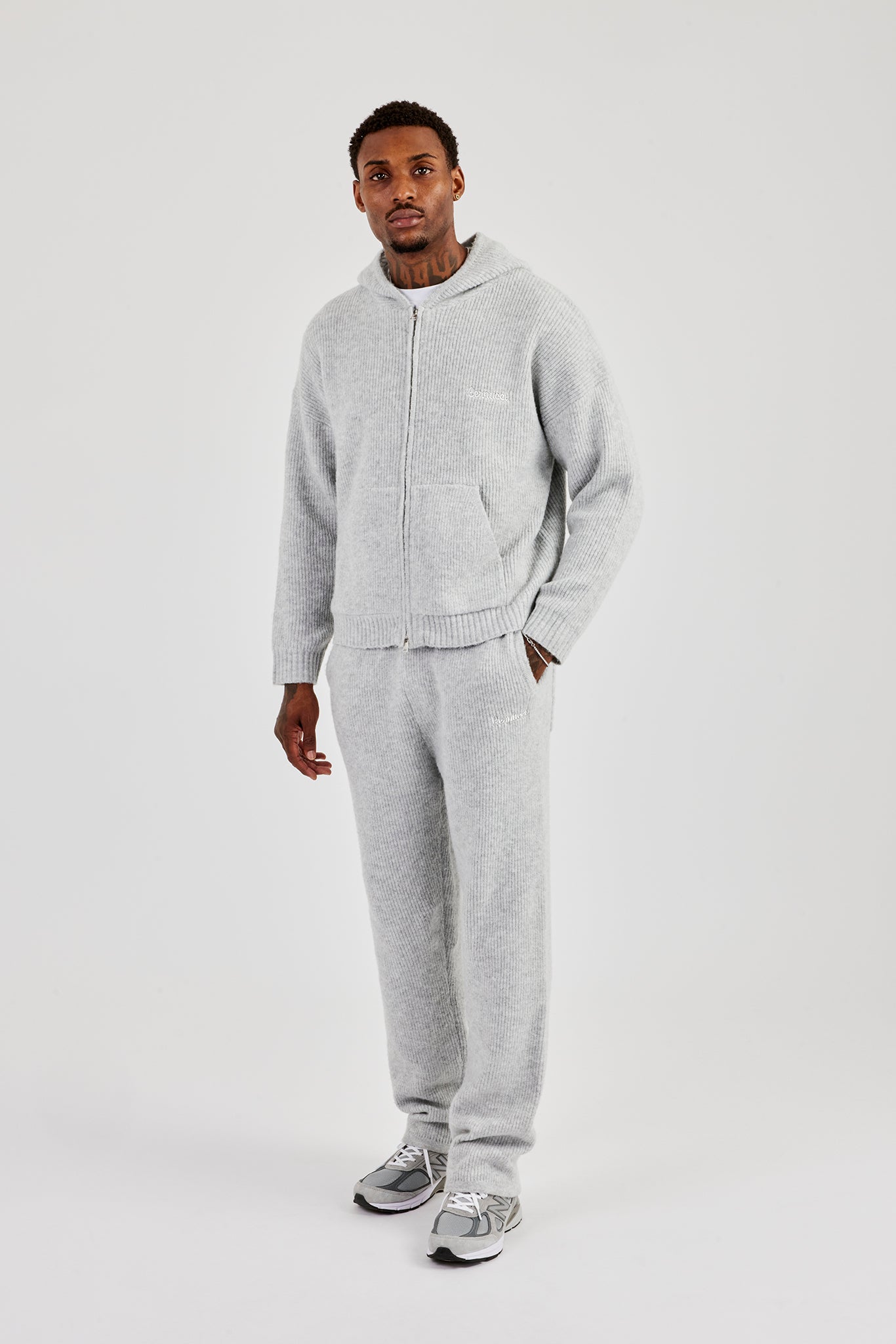 Embroidered Knitted Zip Hoodie & Jogger- Light Grey | Mens Sets