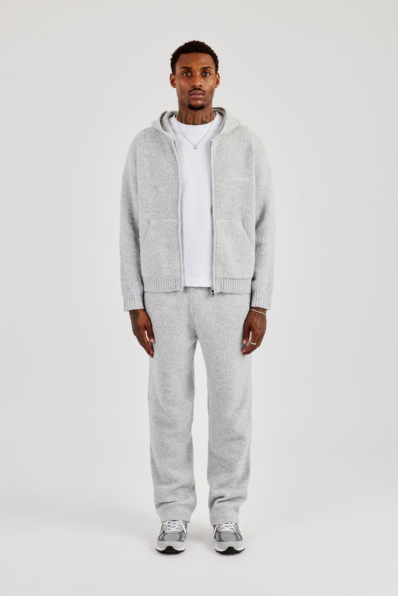 Bestickter Strick-Kapuzenpullover mit Reißverschluss und Jogginghose – Hellgrau