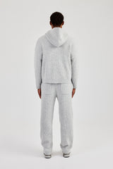 Bestickter Strick-Kapuzenpullover mit Reißverschluss und Jogginghose – Hellgrau