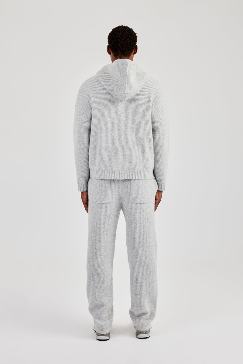 Bestickter Strick-Kapuzenpullover mit Reißverschluss und Jogginghose – Hellgrau