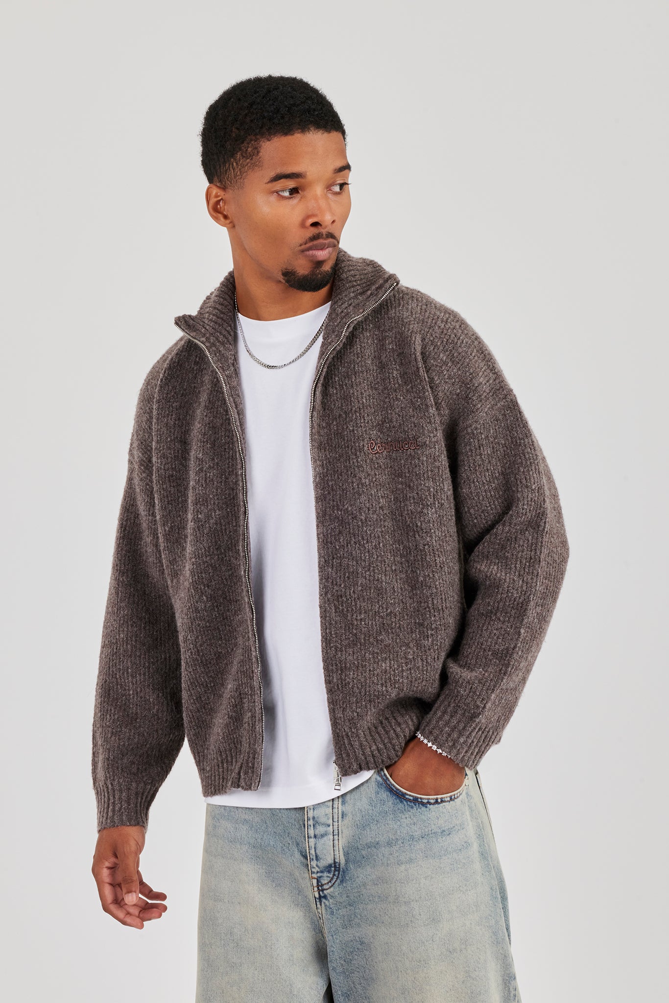 Chunky Knitted Funnel Neck - Mocha | Mens Knitwear | Shop Knitwear