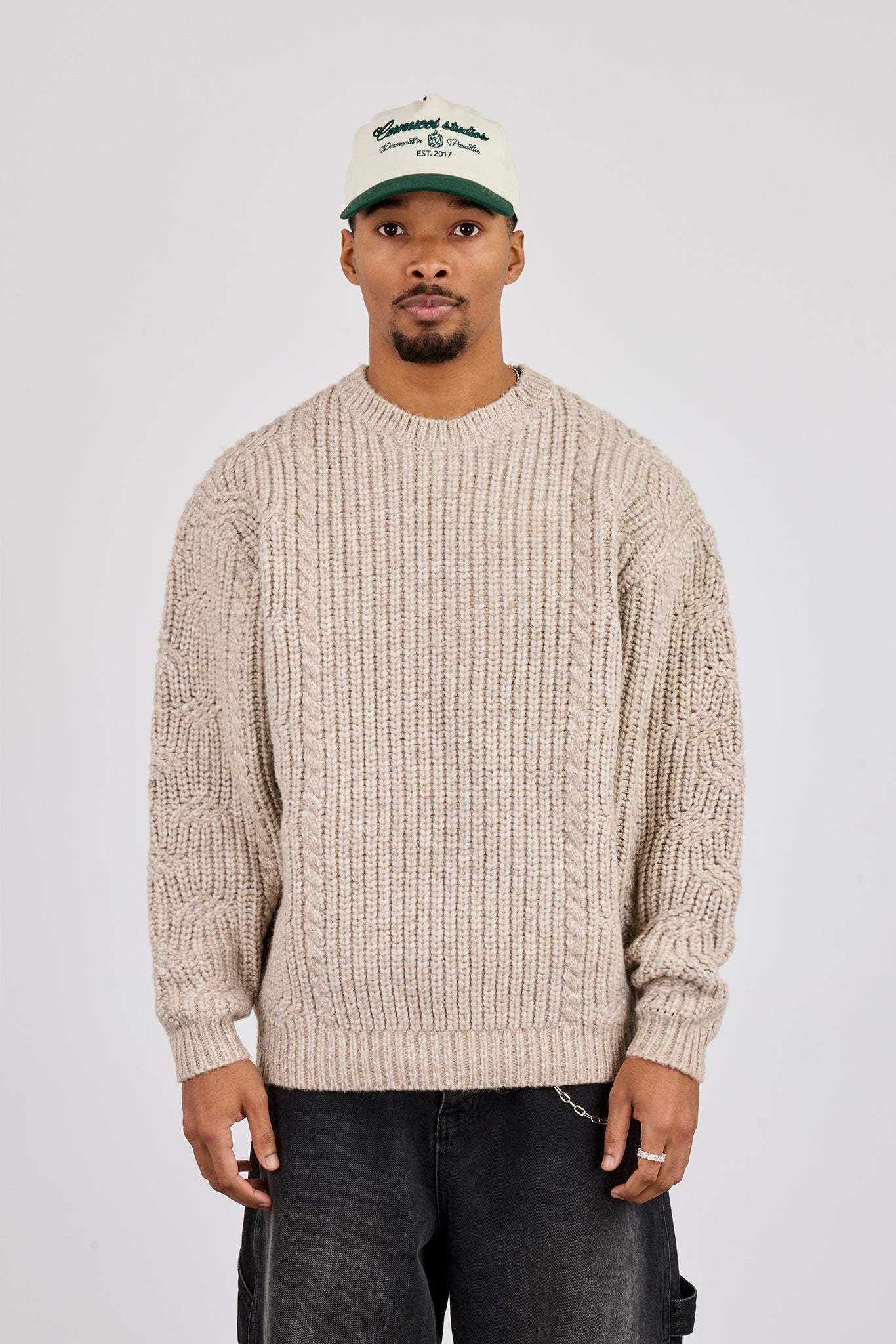 Cable Knit Embroidered Sweatshirt - Beige