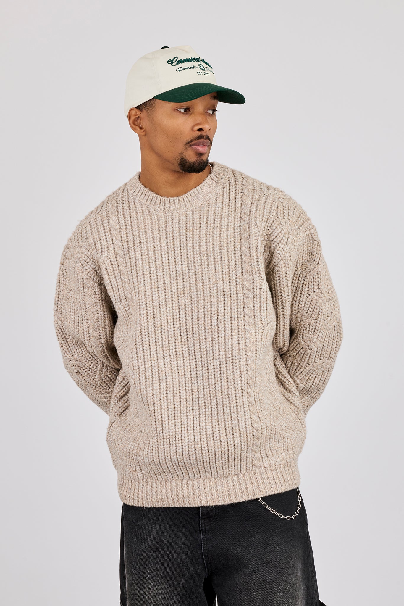 Cable Knit Embroidered Sweatshirt - Beige
