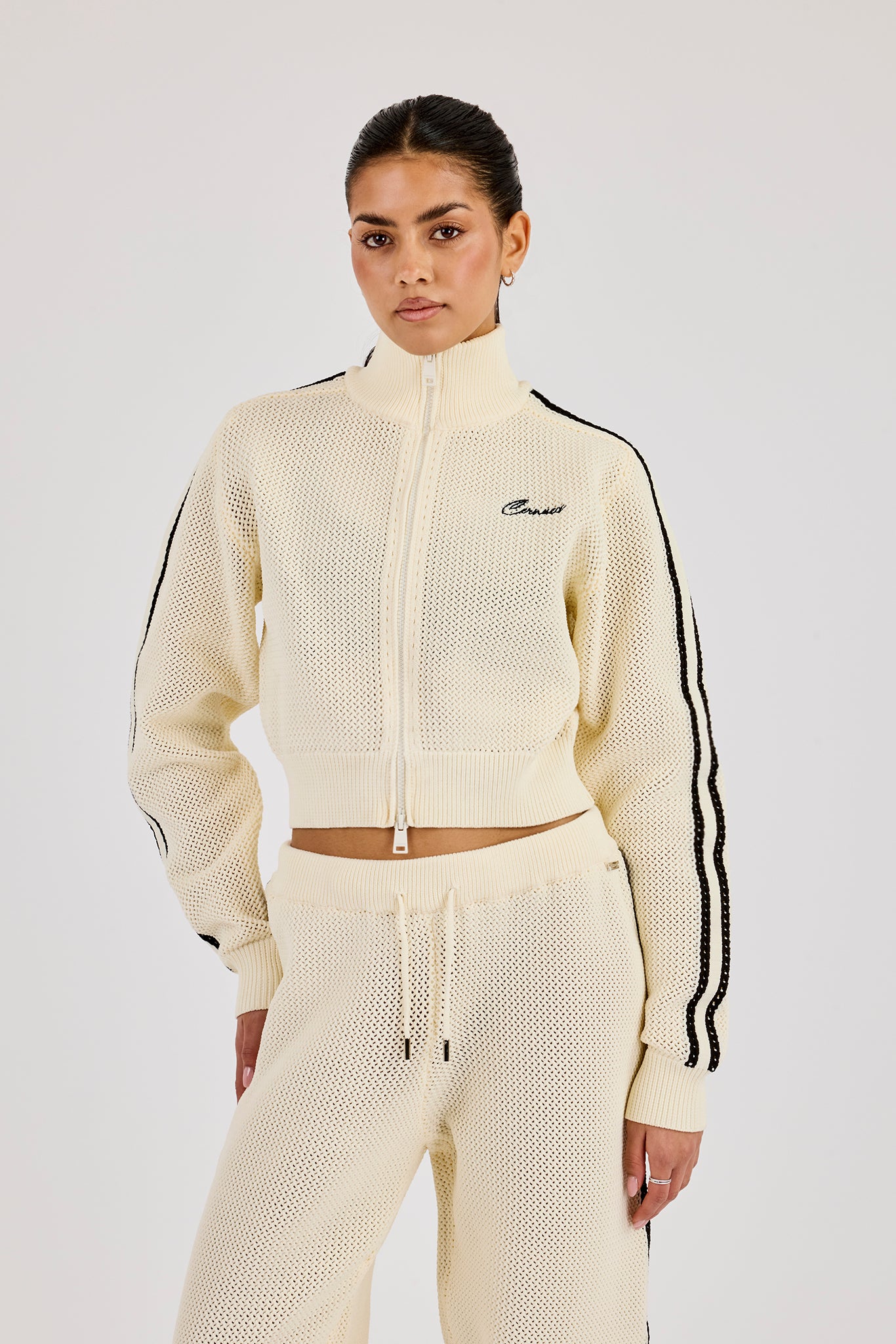 Knitted Taping Funnel Neck Track Jacket - Off White