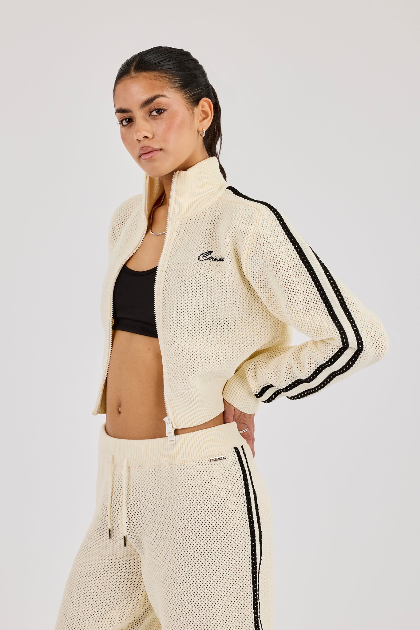 Knitted Taping Funnel Neck Track Jacket - Off White