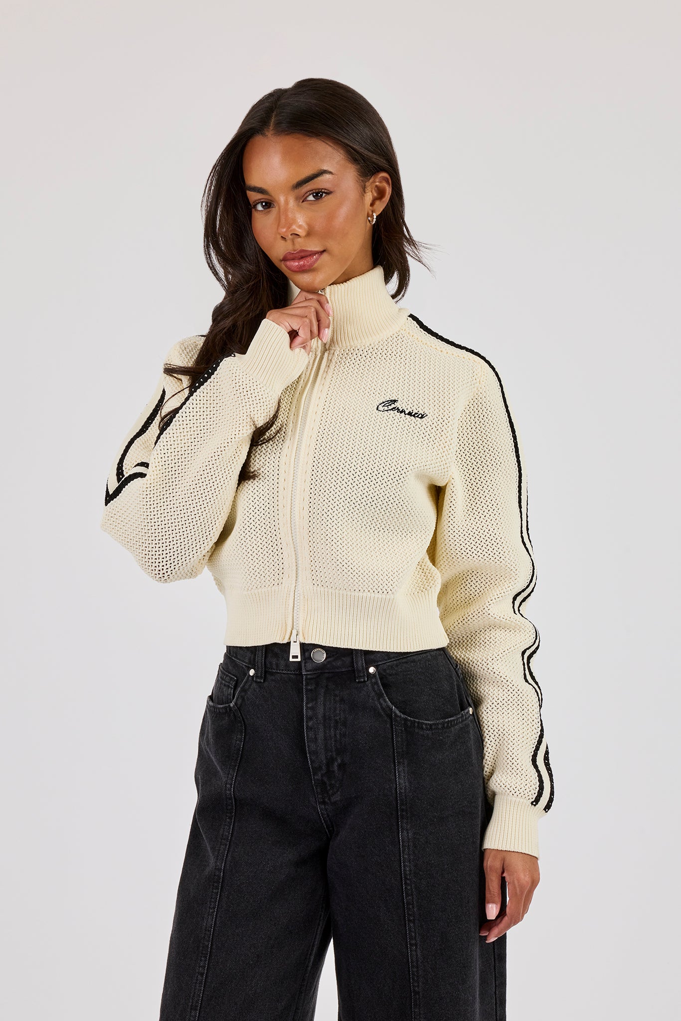 Knitted Taping Funnel Neck Track Jacket - Off White