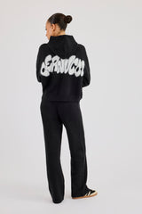 Flauschiger Intarsien-Hoodie und Jogginghose mit weitem Bein – Schwarz