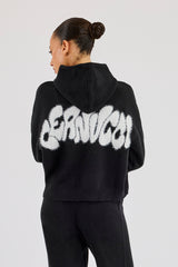 Fluffy Intarsia Boxy Hoodie - Black