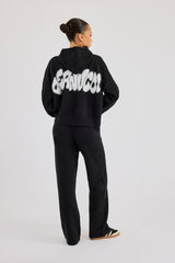 Fluffy Intarsia Boxy Hoodie & Wide Leg Jogger - Black