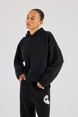 Fluffy Intarsia Boxy Hoodie & Wide Leg Jogger - Black