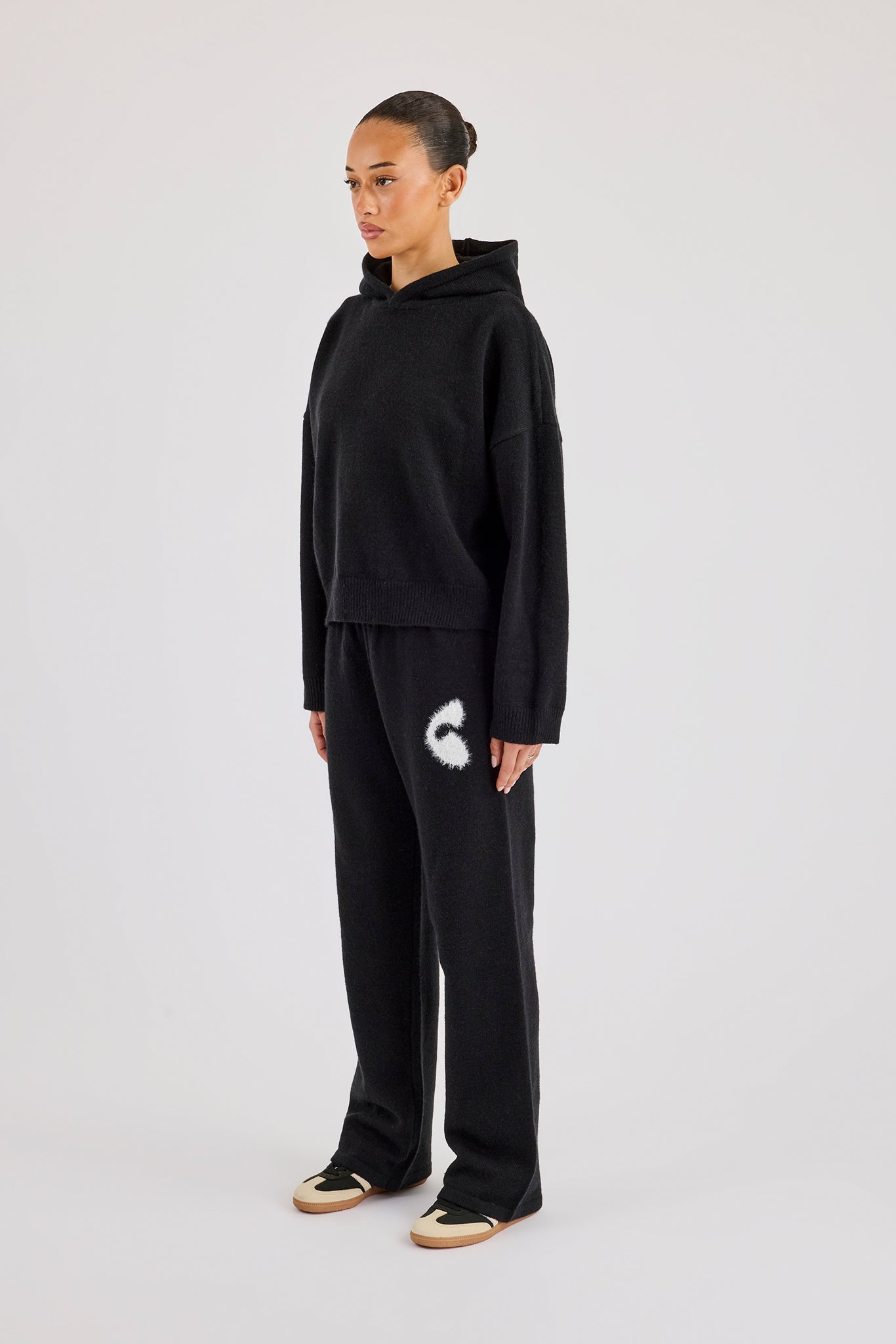 Fluffy Intarsia Boxy Hoodie & Wide Leg Jogger - Black