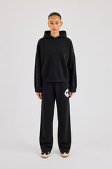 Fluffy Intarsia Boxy Hoodie & Wide Leg Jogger - Black
