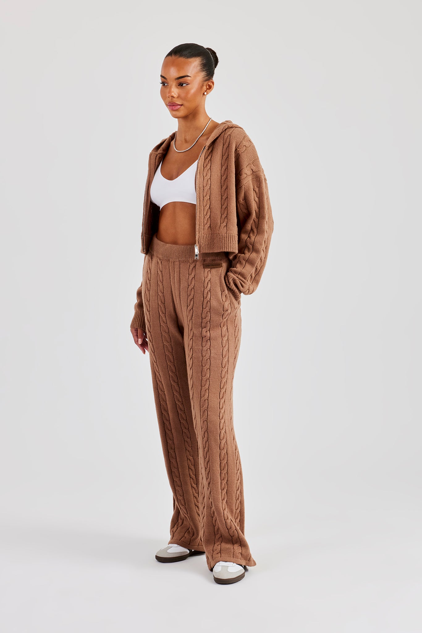 Cable Knit Cropped Knitted Hoodie - Tan | Womens Knitwear | Shop