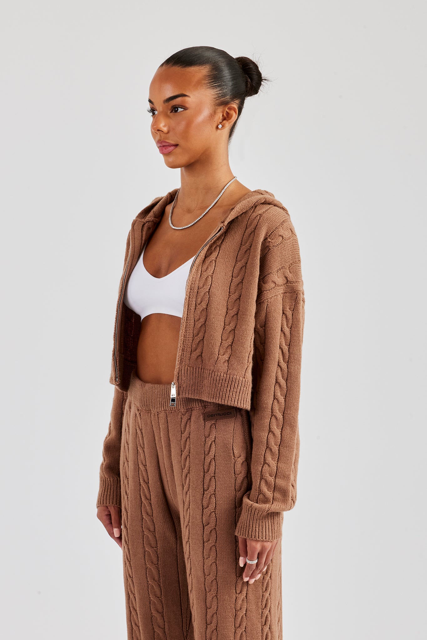 Cable Knit Cropped Knitted Hoodie - Tan | Womens Knitwear | Shop