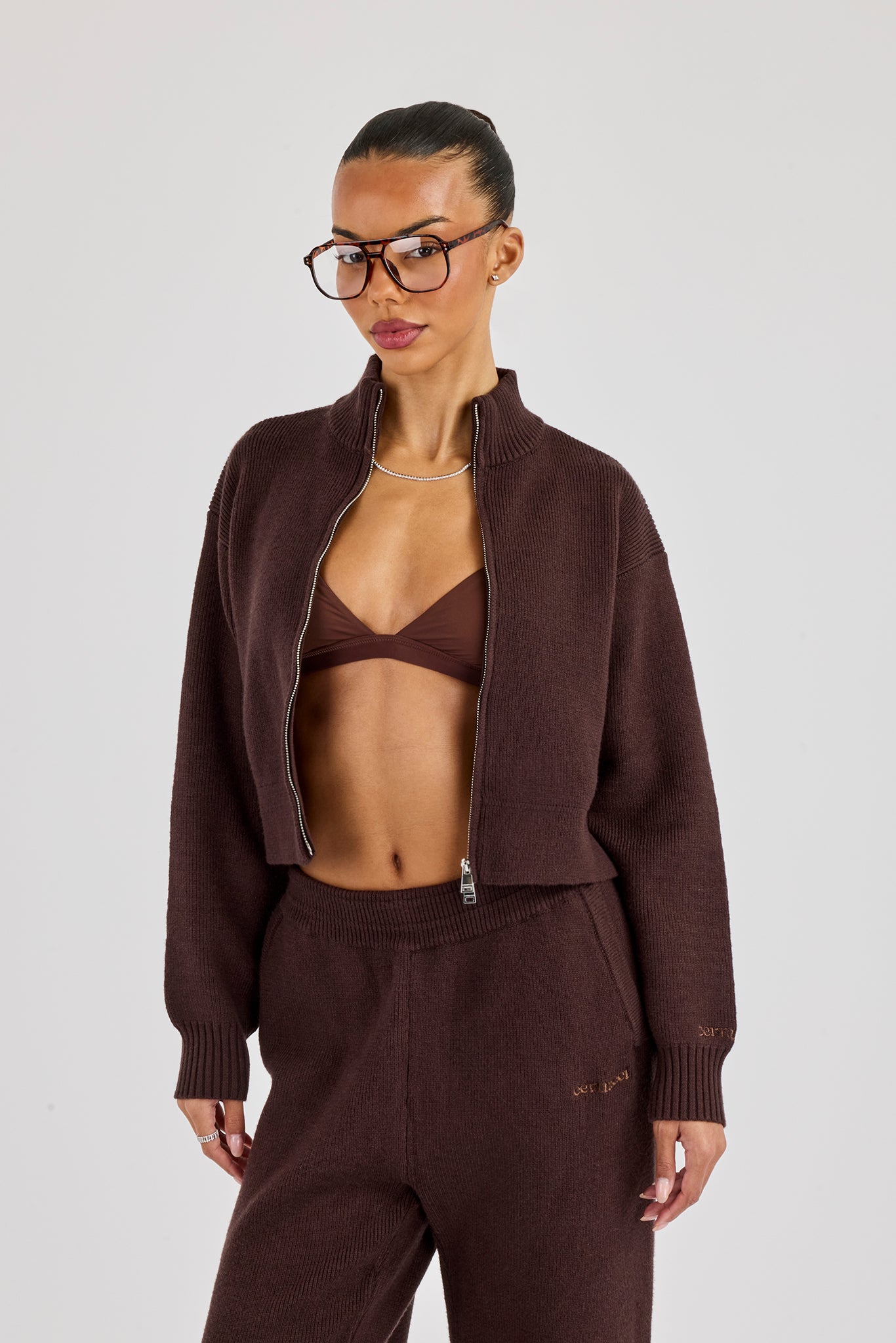 Rib Knit Zip Cropped Funnel Neck - Brown