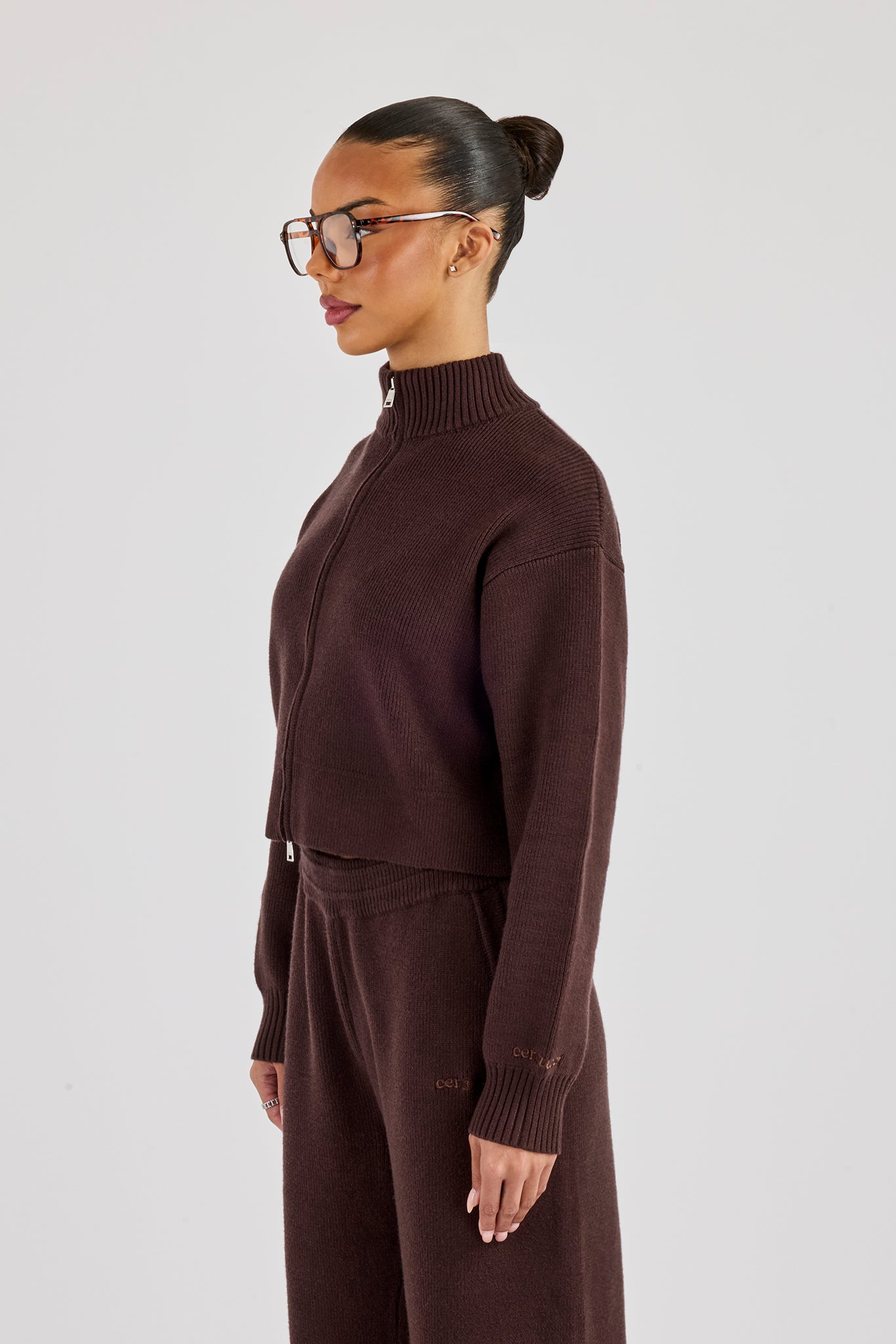 Rib Knit Zip Cropped Funnel Neck - Brown