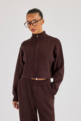 Rib Knit Zip Cropped Funnel Neck - Brown