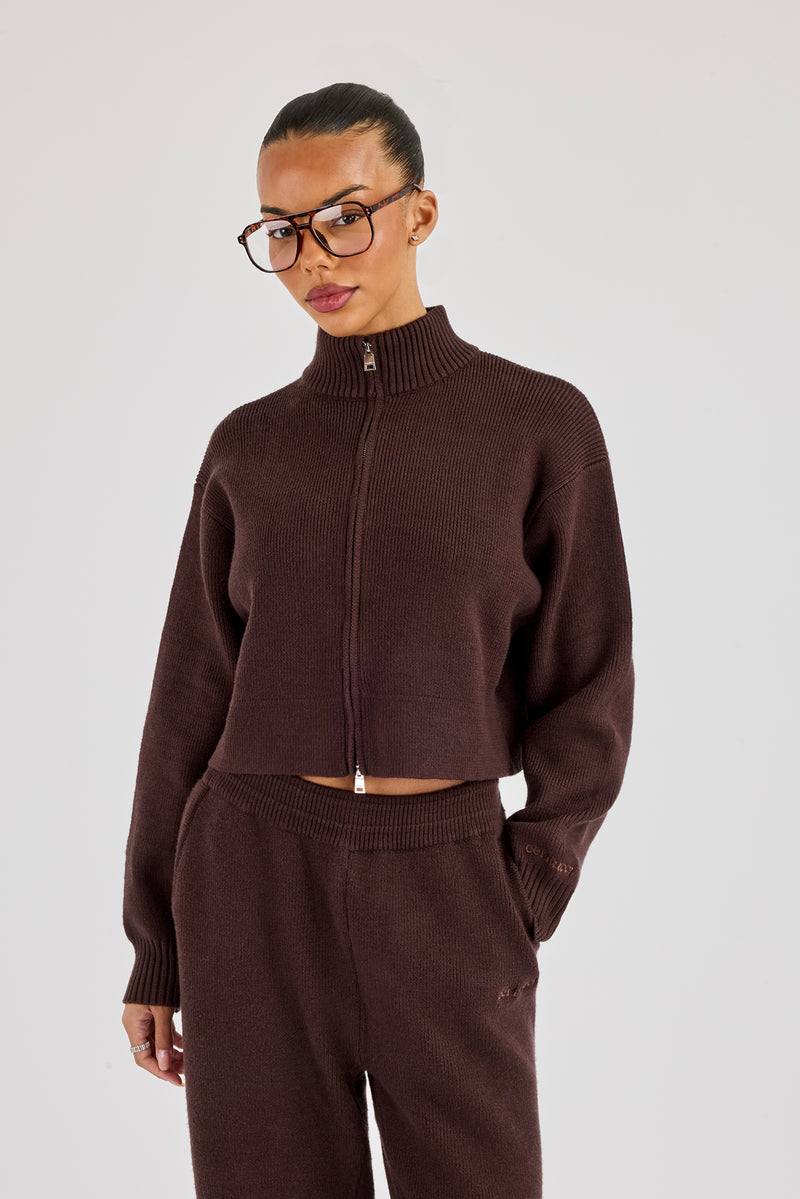 Rib Knit Zip Cropped Funnel Neck - Brown
