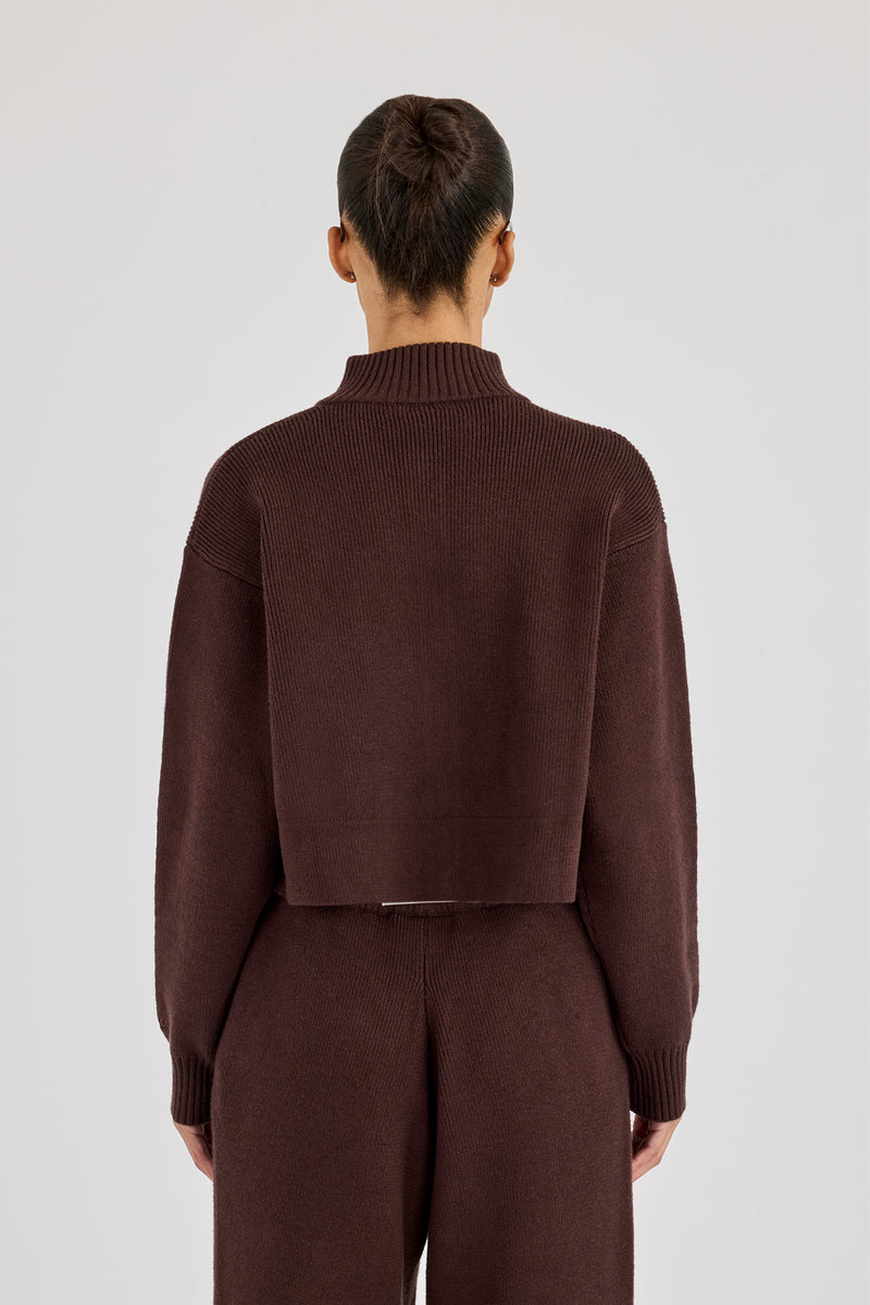 Rib Knit Zip Cropped Funnel Neck - Brown