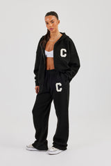Hooded Zip Through Knitted Tracksuit - Black