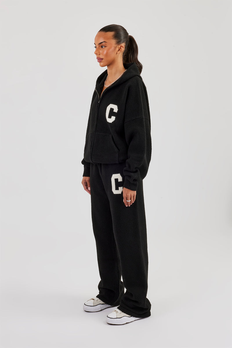 Hooded Zip Through Knitted Tracksuit - Black