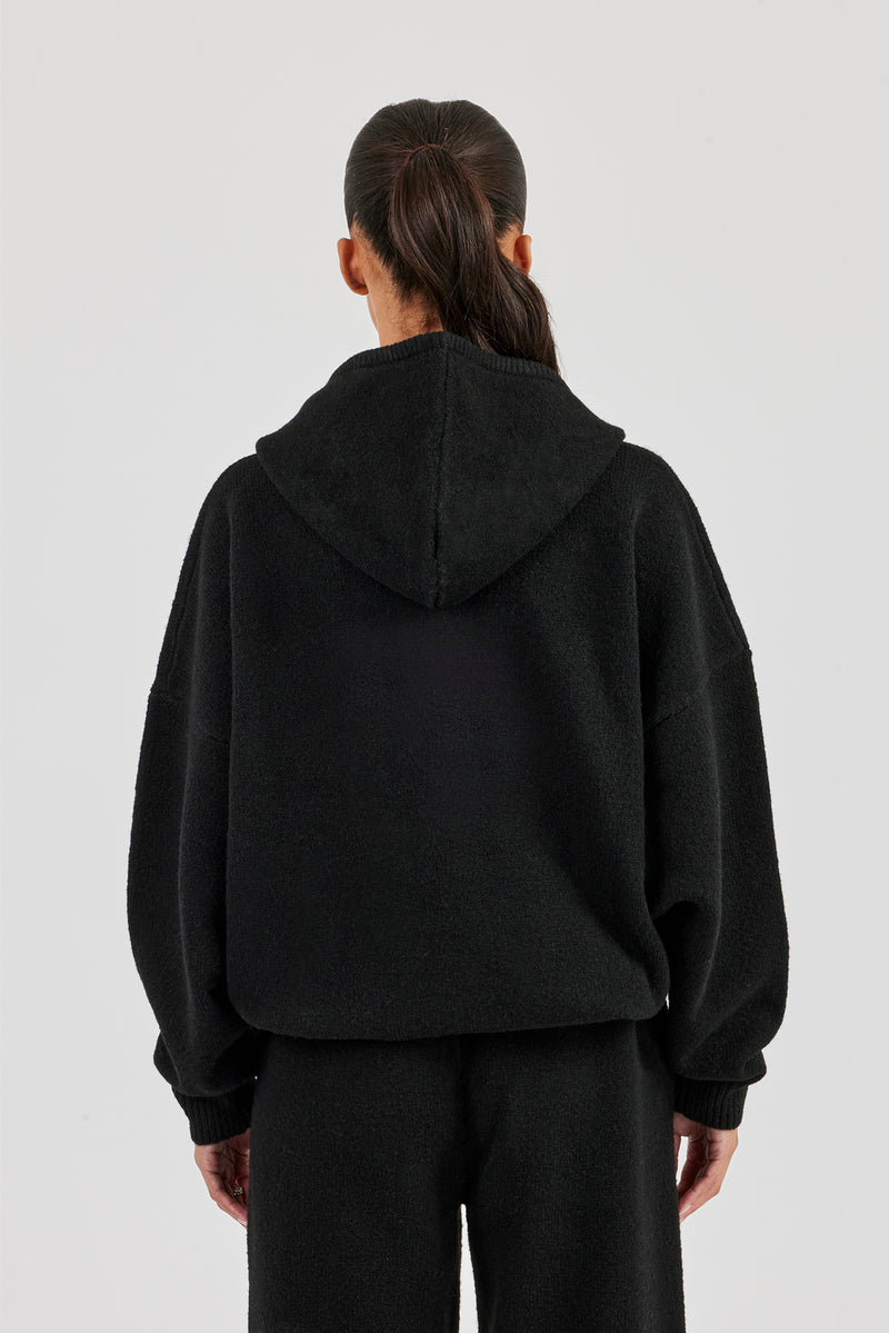Knitted Zip Through Hoodie - Black