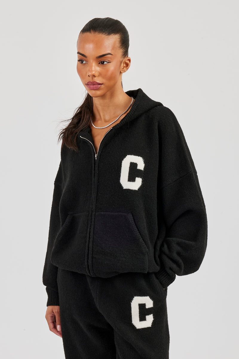 Knitted Zip Through Hoodie - Black