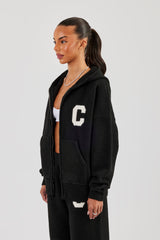 Knitted Zip Through Hoodie - Black