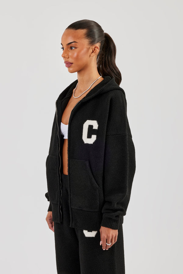 Knitted Zip Through Hoodie - Black