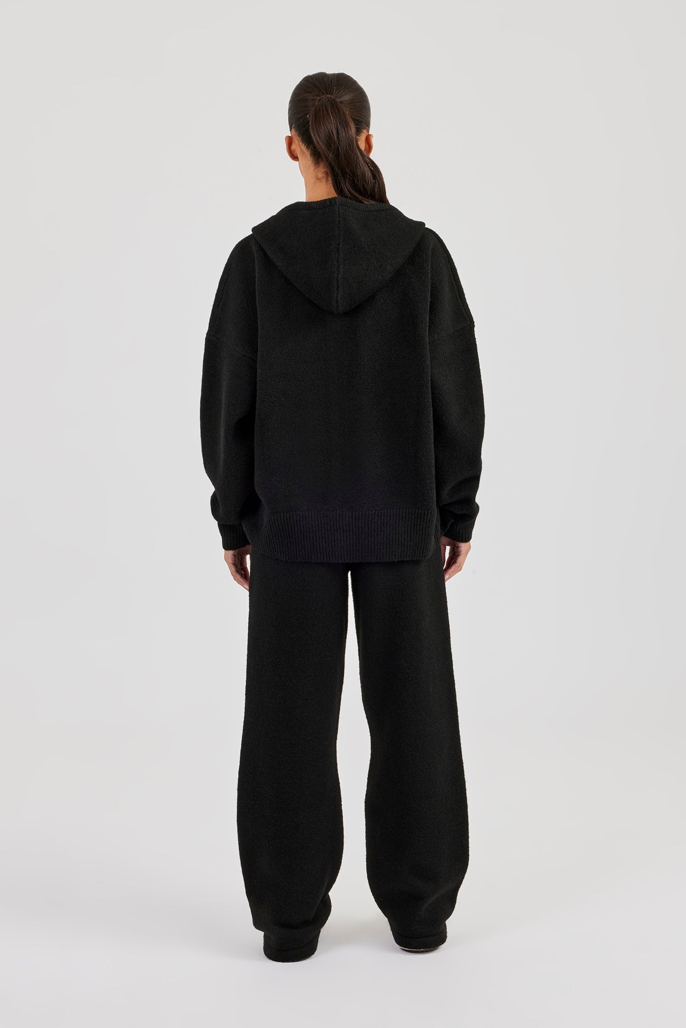 Hooded Zip Through Knitted Tracksuit - Black