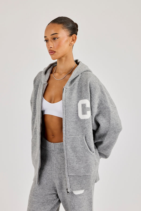 Hooded Zip Through Knitted Jumper - Grey