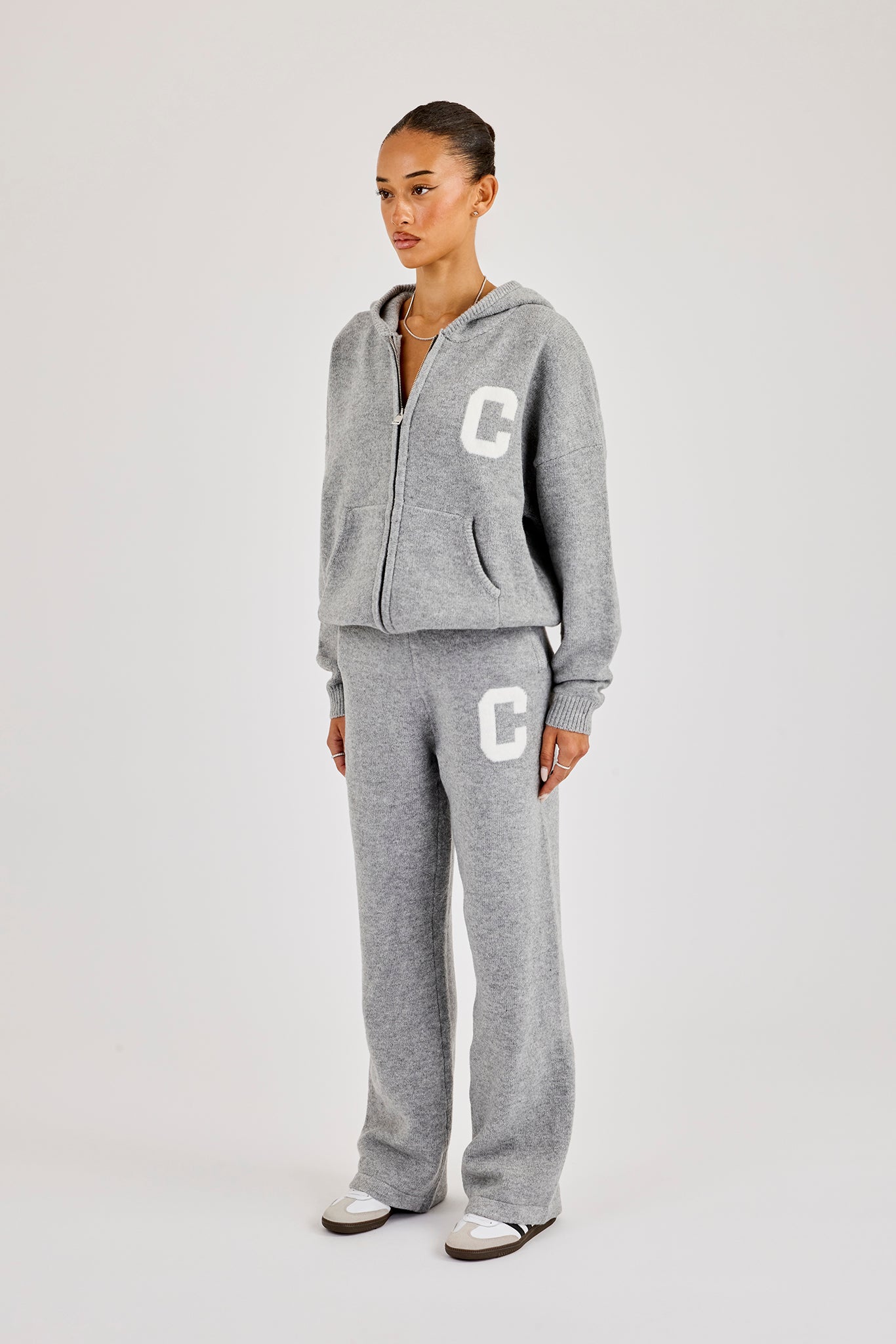 Hooded Zip Through Knitted Tracksuit - Grey