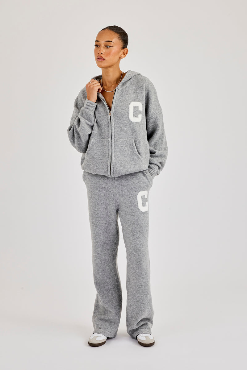 Hooded Zip Through Knitted Tracksuit - Grey