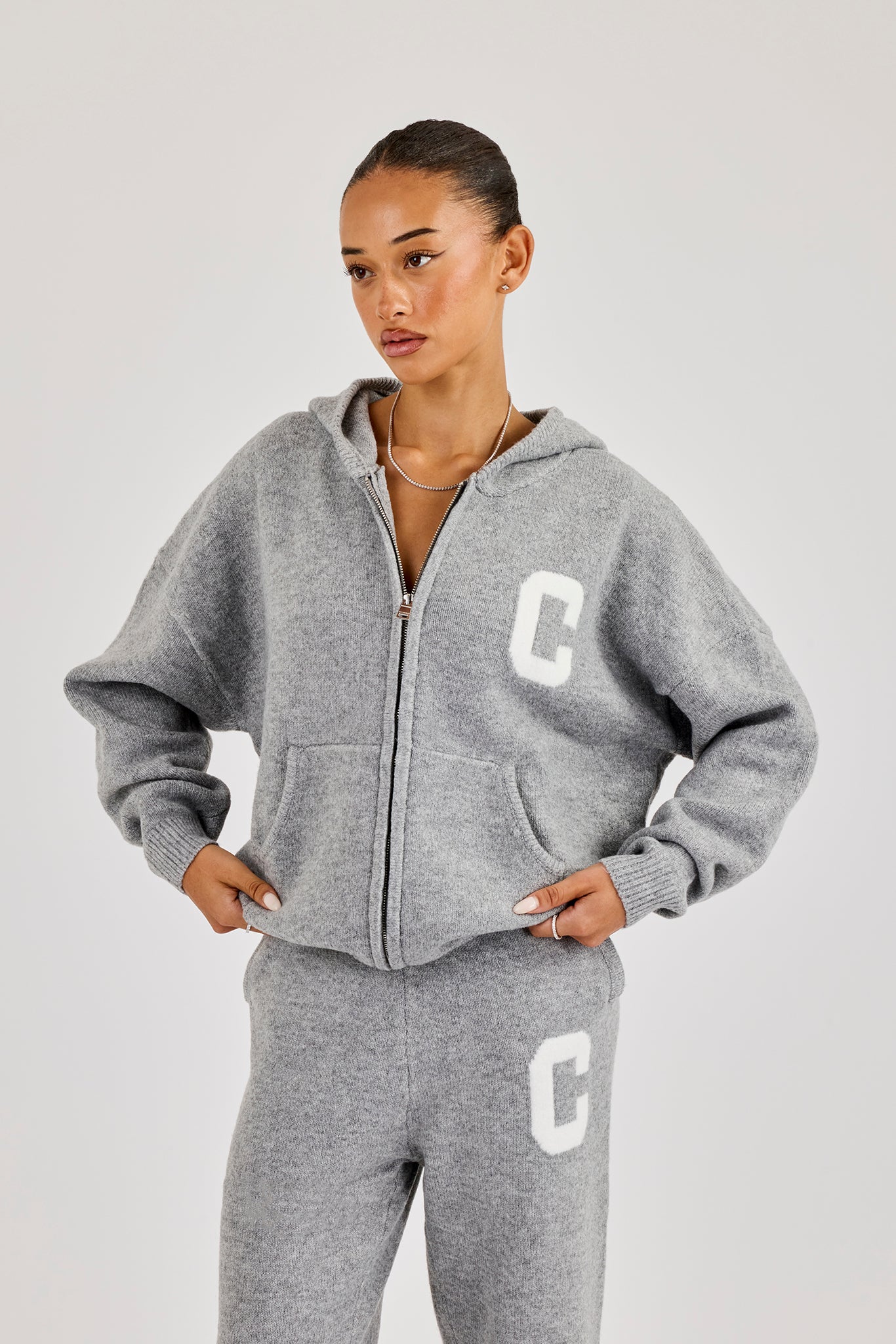 Hooded Zip Through Knitted Jumper - Grey | Womens Knitwear | Shop