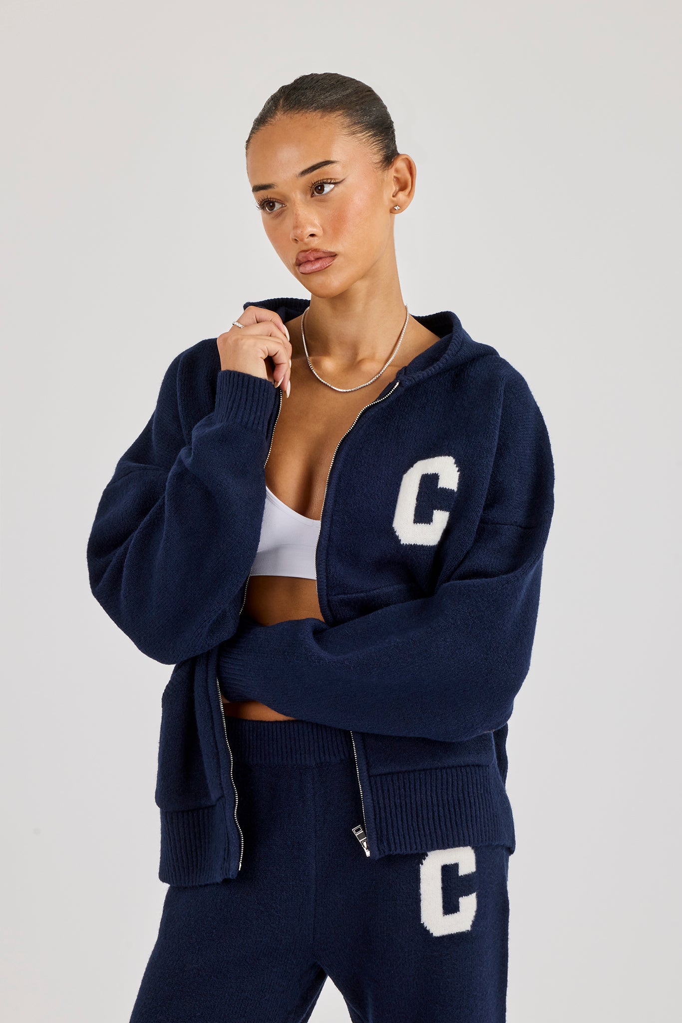 Hooded Zip Through Knitted Jumper - Navy