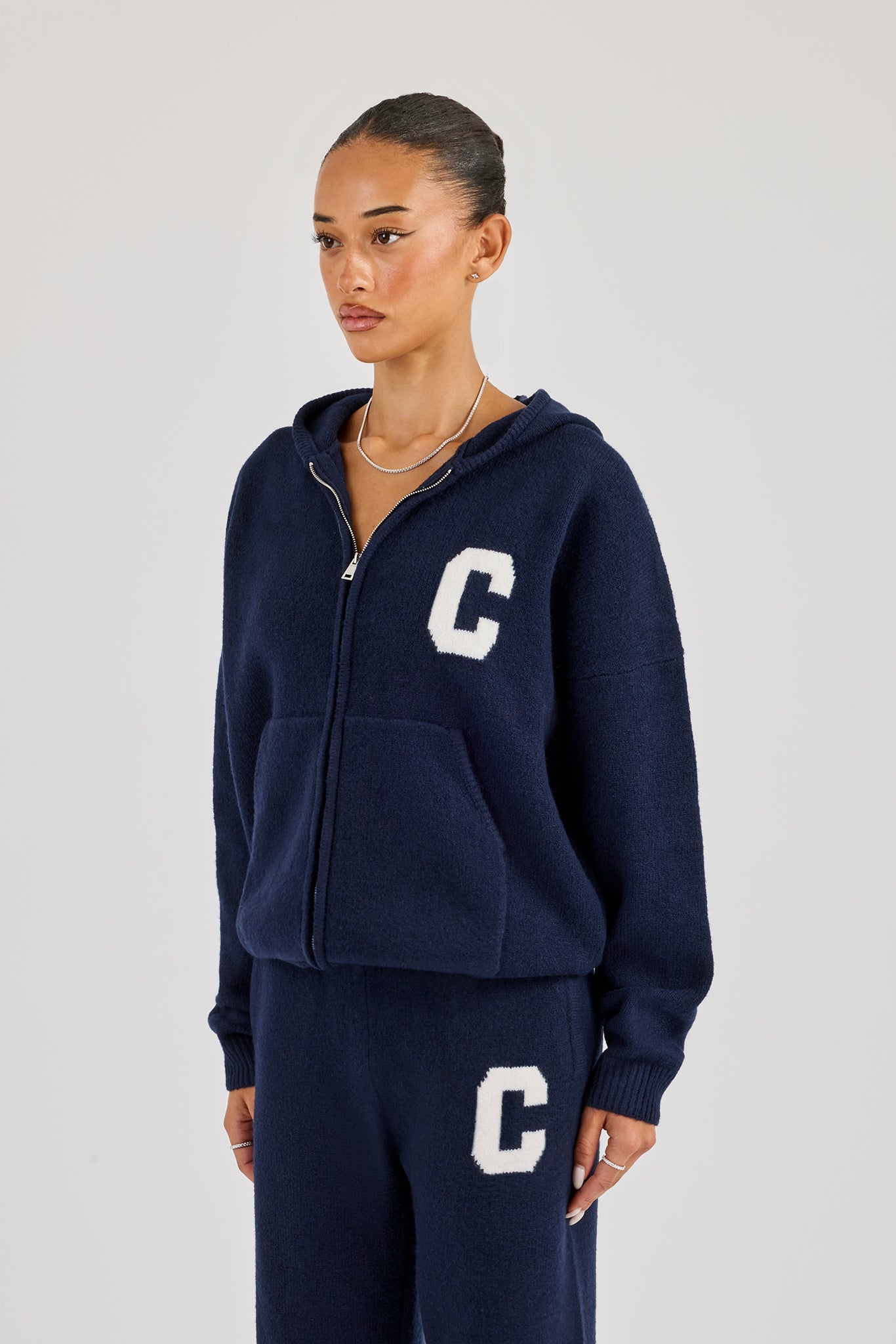 Hooded Zip Through Knitted Jumper - Navy